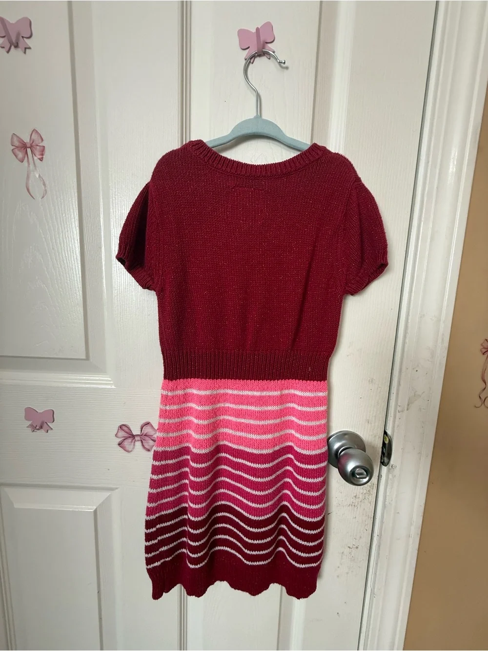 Justice Red Knit Short Sleeve Dress with Pink Gradient Stripes